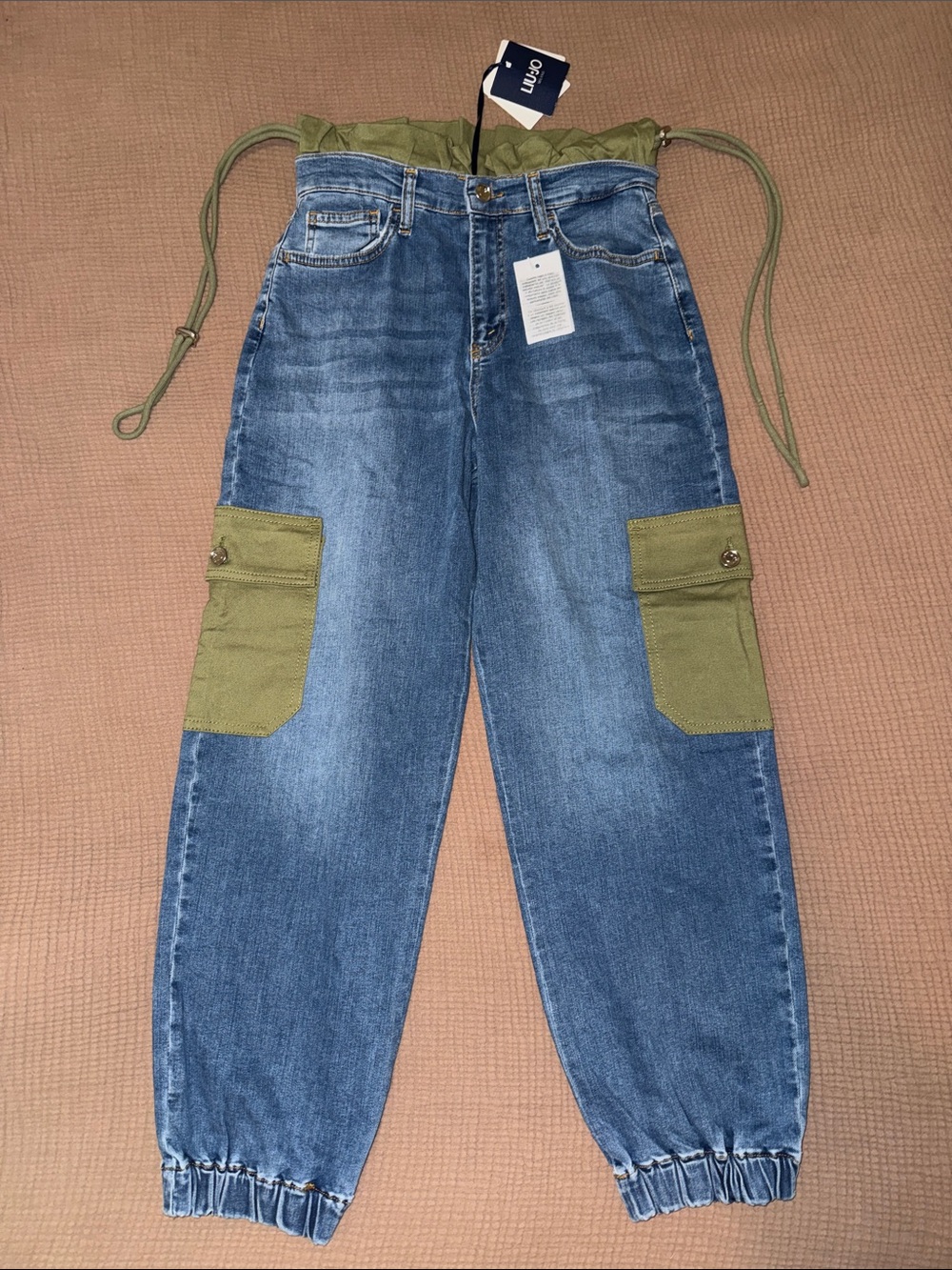 Liu Jo Milano Blue Denim Cargo Jogger Jeans with Olive Pockets 25 NWT